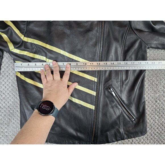 NEIMAN MARCUS L Black Yellow Stripe Butter Soft Leather Biker Moto Jacket Zip - Picture 8 of 9